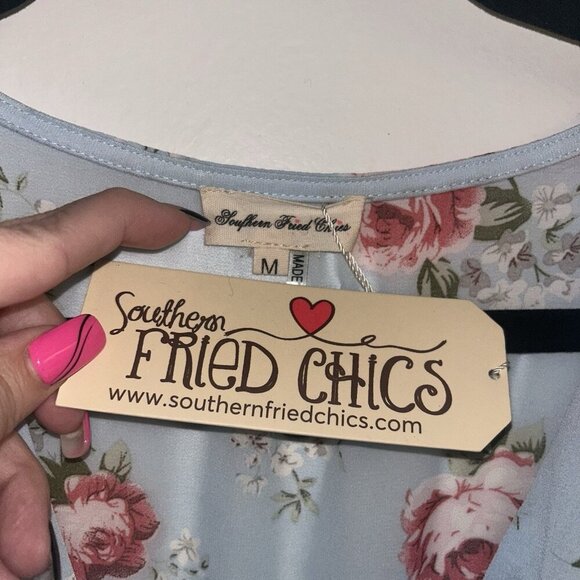 Southern Fried Chics Blue Floral Cottegecore Flutter Sleeve Dress Size Medium - Picture 5 of 7